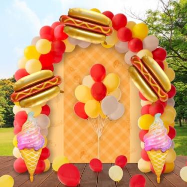 Imagem de 148 peças de decorações de cachorro-quente e sorvete, kit de arco de guirlanda de balão amarelo e vermelho com placa de cachorro-quente para crianças, festa de aniversário, churrasco, salsicha, comida