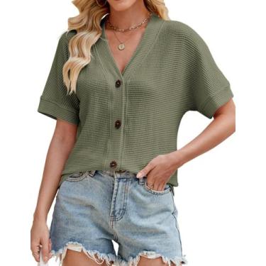 Imagem de Blusa SimpleFun feminina com botão de manga curta, verde, tamanho L