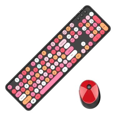 Imagem de Combo de teclado e mouse sem fio colorido GTSP, lindo teclado retrô com teclas redondas para computador, laptop, PC, Mac, 2,4 GHz, conexão sem queda (multicolorida, preta)