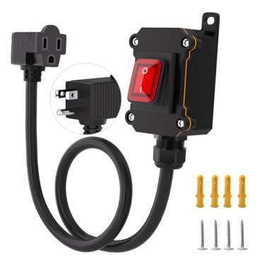 Imagem de KERWINN Interruptor de alimentação em linha com cabo 14AWG 14AWG plugue (3 pontas), botão basculante de LED vermelho, cabo de extensão IP67 à prova d'água com interruptor liga/desliga, AC/DC 20A-125V