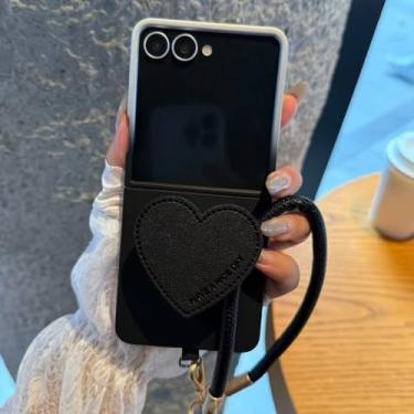 Imagem de Capa de celular com alça de pulso e suporte de coração para Samsung Z Flip6 ZFlip5 ZFlip4 3 capas de luxo, pretas, para Samsung Z Flip 6