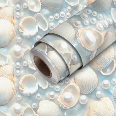 Imagem de HOMETITUTE Papel de parede Seashell Peel and Stick Pearl Contact Paper Wall Stick 300 cm x 45 cm Revestimento de parede decorativo de vinil autoadesivo para banheiro, quarto, sala de estar, decoração