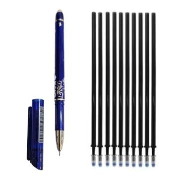 Imagem de 1 Caneta + 10 Refil Preto, Carga Cartucho de Tinta mágica que Apaga em Tecido ou Papel com Calor e Borracha