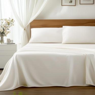 Imagem de Viscose derivada de bambu, roupa de cama macia refrescante com acabamento suave e sedoso, bolso profundo de 40,6 cm, hipoalergênico, respirável, 4 peças de lençóis de cama de hotel de luxo branco
