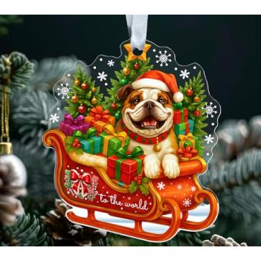 Imagem de Enfeite de Natal buldogue acrílico – Filhote de cachorro buldogue no trenó de Papai Noel – animal de estimação fofo – árvore de Natal – presente para amantes de cães