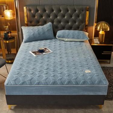 Imagem de Capa de colchão acolchoada com bolso extra profundo antiderrapante, protetor de colchão espesso, macio, quente, decoração de cama - azul | California King: 200 x 221 cm (conjunto de 3 peças)