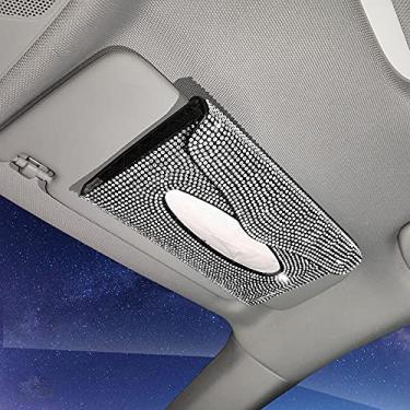 Imagem de MINGZAIQIPEI Suporte de caixa de lenços para viseira de sol para carro, puro, feito à mão, cristal cintilante, porta-guardanapos, couro PU, capa de tecido para mulheres (prata)