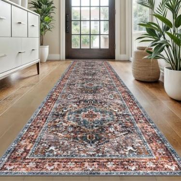 Imagem de KOZYFLY Corredores para corredores de 6 x 3 m lavável tapete de corredor de cozinha boho para entrada interior impresso tapete de lã sintética para quarto cozinha hall, vermelho tijolo/laranja/verde