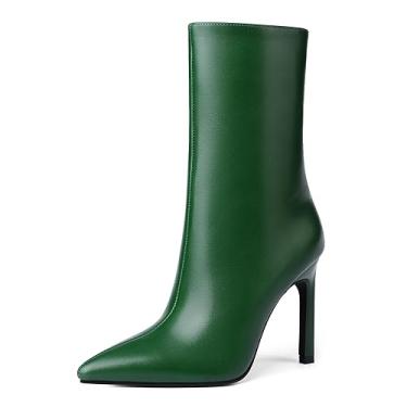 Imagem de Reitoye Bota feminina de bico fino, cano baixo, cano baixo, salto agulha até o meio da panturrilha, Verde escuro, 36