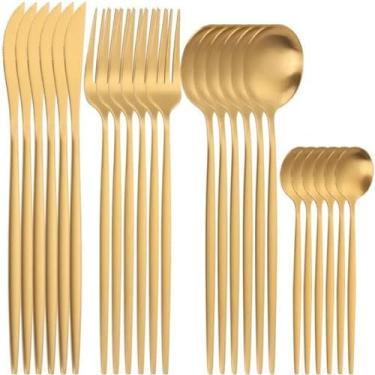 Imagem de Faqueiro Completo 24 Peças em Aço Inoxidável com Acabamento Dourado - Conjunto de Talheres Moderno e Elegante para 6 Pessoas