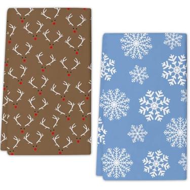Imagem de Conjunto de 2 toalhas de cozinha de Natal, panos de prato absorventes de floco de neve, 45 x 66 cm, toalhas de mão de férias de secagem rápida para cozinha e banheiro, decorações festivas de Natal