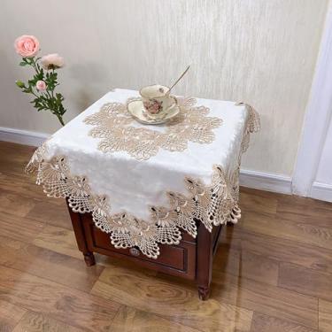 Imagem de Toalha de mesa quadrada de cabeceira, capa de mesa de cabeceira, toalha de mesa de renda de macramê, bordada, floral, pequena toalha de mesa de tecido de cetim, decoração para casamento, festival