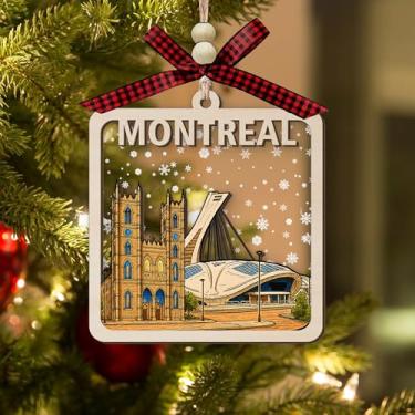 Imagem de Enfeite de Natal de madeira de Montreal, decoração de horizonte de madeira e acrílico de 2 camadas com Basílica de Notre Dame e Estádio Olímpico em cena de inverno nevado, presente de lembrança de