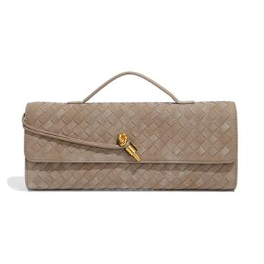 Imagem de JYG Bolsa feminina de tecido fashion para noite bolsa de ombro de couro PU feita à mão bolsa clutch casual bolsas transversais 2024, Camurça cáqui, L11.8 x H4.33 x W1.57 inches