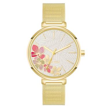 Imagem de Nine West Relógio feminino com pulseira de malha com mostrador floral, Dourado
