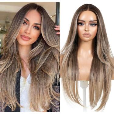 Imagem de Peruca frontal de renda sintética ENCOUNTERU Wear and Go 26" marrom