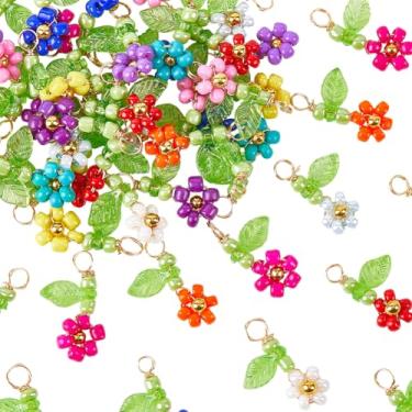 Imagem de SUNNYCLUE 1 caixa, 60 peças, berloques de flores com contas de sementes, pingentes de vidro florais, aleatoriamente, misturados, coloridos, molas, pequenas flores, com folha de acrílico verde para
