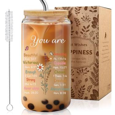 Imagem de Presentes cristãos para mulheres, copo de vidro floral "You Are" - Presentes religiosos para mulheres católicas, presente de batismo inspirador com design de flor, vidro de 473 ml com tampa de bambu e