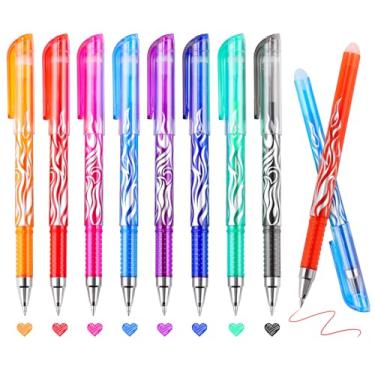 Imagem de RIANCY Pacote com 8 canetas de gel apagáveis de tinta colorida sortidas, ponta fina de 0,5 mm, barril com estampa de chama, aderência confortável, com borracha, ideal para diário, anotações, desenho