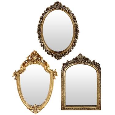 Imagem de Wonderjune 3 peças de espelho de maquiagem decorativo vintage espelhos decorativos antigos para pendurar na parede espelho de mesa dourado com suporte para sala de estar, cômoda de quarto, decoração