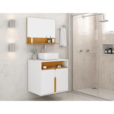 Imagem de Kit De Banheiro Gabinete Com Espelheira Armário Organizador Cuba Suspenso Cristal - K7 Plus Cor: Branco Com Nature