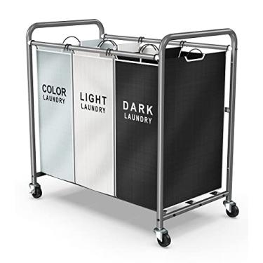 Imagem de ROMOON Organizador de roupas 3 seções, cesto de roupa separado com rodas, cesto de roupa suja com rodinhas com grande capacidade e sacos removíveis, cesto de roupas dividido para lavanderia familiar