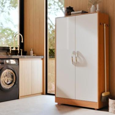 Imagem de Armário Multiuso de Lavanderia 2 Portas Organizador Moderno para Área de Serviço Cozinha (Nature - Off)