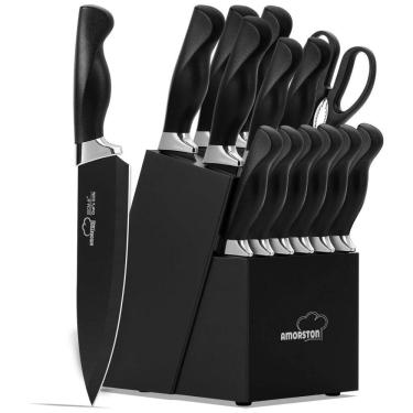 Imagem de Conjunto de Facas em Aço Inoxidável com Bloco de Bancada e Afiador Embutido, 15 Peças, Amorston, Preto