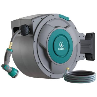 Imagem de Mangueira de Jadim 30M com Enrolador Retrátil, Bico Pulverizador de 10 Funções, Sistema de Retorno Lento e Trava, Gilbest, Cinza