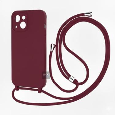 Imagem de Capa Case Capinha Para iPhone 14 Silicone Com Cordão Alça De Pescoço Ajustável Veludo Premium (VINHO)