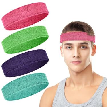 Imagem de Pacote com 4 faixas de cabelo masculinas, faixas de suor masculinas e femininas, faixas de algodão felpudo para tênis, basquete, corrida, academia, malhar