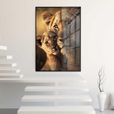 Imagem de Quadro Decorativo com Moldura e Acrilico Cristal Vidro Leoa Filhote Família Sala Quarto Hall