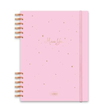 Imagem de Caderno Colegial Criativo Cadersil 1/8 Com Elástico e Wire-o Estampa Miss You Rosa – 80 Folhas – Capa Dura com Hot Stamping Dourado – Miolo Pautado - Ideal para Anotações Criativas e do Dia a Dia
