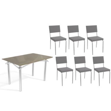 Imagem de Sala de Jantar Completa Elba Tampo Madeirado c/ Vidro 120cm e 6 Cadeiras Zaria Cromada/Freijo Bronze - Suede Cinza - Kappesberg
