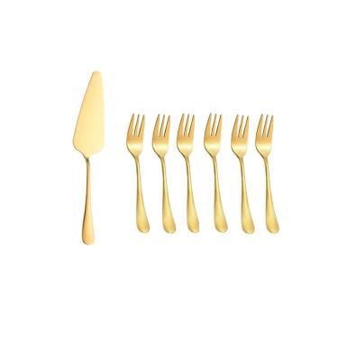 Imagem de Espatula e Garfos de Bolo Dourado Sobremesa Inox Kit 7un