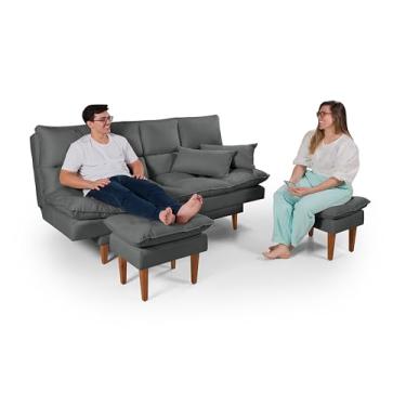 Imagem de Sofá Cama Andorra Casal com 2 Banquetas 3 em 1 Reclinável Multifuncional Suede Cinza Casa Imperial