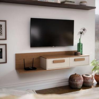 Imagem de Rack Suspenso Flutuante com 2 Portas Basculantes 105cm Balcão Bicolor Para TV Nicho Aberto Dobradiças Metálicas Organizador Sala De Estar Quarto (Cinamomo/Off white)