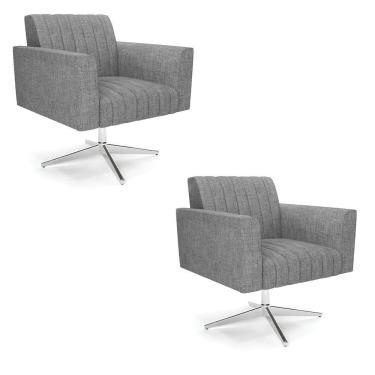 Imagem de Kit 2 Poltronas Giratória Viena Gomada Linho Grafite A26 Base Cromada - D'rossi