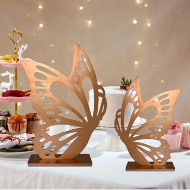 Imagem de Decoração de borboleta de madeira de tamanho grande, fundo de recorte de borboleta grande em ouro rosa, fatias em forma de borboleta, aniversário, casamento, chá de bebê, decorações DIY