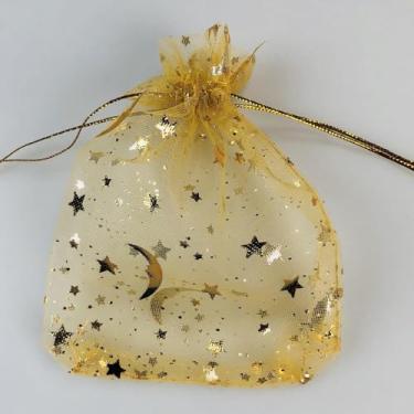 Imagem de 100 peças de bolsas de organza estrela da lua, lembrancinhas de casamento de Natal, sacos de cordão, bolsas de joias, bolsas de malha de doces (douradas)