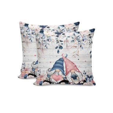 Imagem de Capas de almofada para o dia dos namorados, 45,7 x 45,7 cm, conjunto de 2 folhas de eucalipto, gnomo, coração, rosa, almofadas de almofada, fronhas de almofada de madeira azul para sofá, quarto