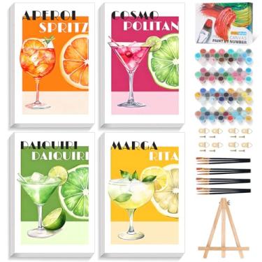 Imagem de Pacote com 4 kit de pintura por números para adultos com moldura de coquetel, pintura emoldurada por número para adultos iniciantes com cavalete de madeira, pintura faça você mesmo por números em tela