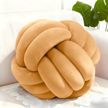 Imagem de Adlbbkiy Bola de almofada de nó marrom claro de 21 cm, almofada redonda macia feita à mão com nó, almofada de pelúcia, almofada de pelúcia com nó, para quarto, sofá de sala de estar, decoração de