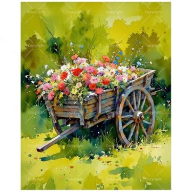 Imagem de TAOPAOLAB Kit de pintura de flores de jardim por números para adultos - Carrinho de madeira rústica DIY com pintura de flores em tela 40,6 x 50,8 cm, conjunto de tinta acrílica, adequado para