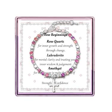 Imagem de Pulseira de cruz de pedra da lua para mulheres, New Beginnings Good Luck Presentes de apoio emocional para colegas de trabalho irmã melhores amigas, pulseiras de contas de aço inoxidável de jaspe