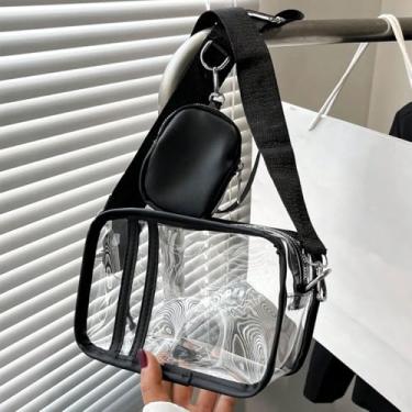 Imagem de Bolsa transversal de PVC transparente com bolsa de moedas - Bolsa de gelatina quadrada moderna para mulheres, bolsas de praia de verão, Preto, Casual