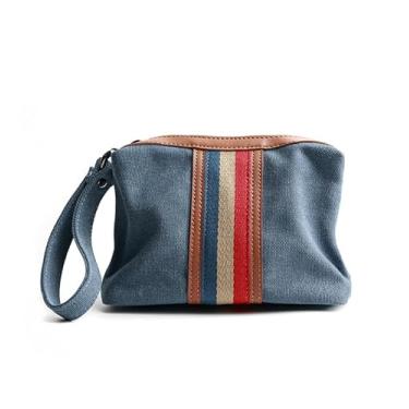 Imagem de Bolsa de mão masculina listrada de lona de couro casual fashion bolsa portátil para celular organizador de viagem, Azul