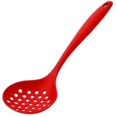 Imagem de Escumadeira de Silicone Premium, Utensílio de Cozinha Vermelho, Design Ergonômico com Furos para Escorrer, Resistente ao Calor