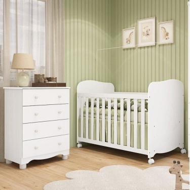 Imagem de Quarto de Bebê com Cômoda 4 Gavetas e Berço com Rodízios 100% Mdf Mimo Espresso Móveis Branco Brilho
