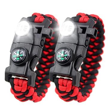 Imagem de Pulseira Paracord de Sobrevivência com 2 Pacotes - Kit de Equipamento de Emergência com Luz LED SOS, Grau 550, Ajustável, Multiferramentas, Iniciador de Fogo, Bússola e Apito